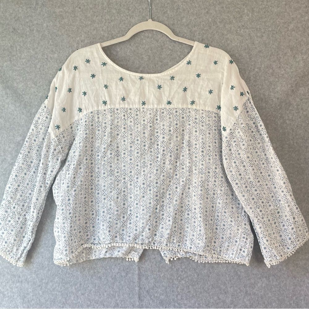 Eze Sur Mer Linen Floral Beaded Pullover Top Medium